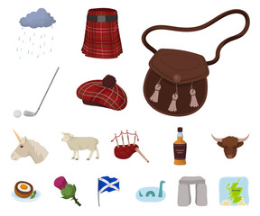 Wall Mural - Country Scotland cartoon icons in set collection for design. Sightseeing, culture and tradition vector symbol stock web illustration.