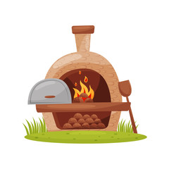 Wall Mural - wood-fired outdoor oven on green lawn. farm stone furnace with burning firewood, wooden paddle. cart