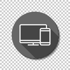 Poster - Computer and phone, outline linear icon. flat icon, long shadow, circle, transparent grid. Badge or sticker style
