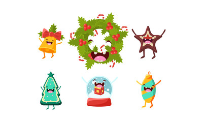 Canvas Print - Cute Christmas cartoon characters set, funny decoration elements vector Illustration