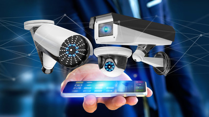 Poster - Businessman using a smartphone with a Security camera system and network connection - 3d rendering