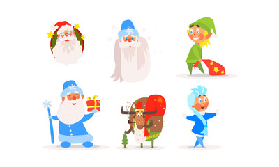 Sticker - Funny Christmas characters for winter Holiday design, Santa Claus, Snow Maiden, elf, ram, New year and Christmas collection vector Illustration