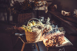 Rustic still life with dried flowers and herbs
