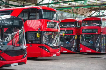 Typical London buses parked at garage in East London