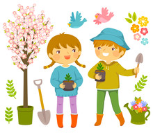 Kids With Gardening Tools And Saplings To Plant On Tu Bishvat.