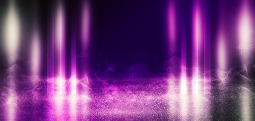 Leinwandbilder - Background of empty scene with concrete floor, neon lights and smoke. Background trend color proton purple