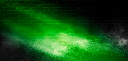 Aufkleber - Background of empty scene with concrete floor, neon lights and smoke. Background trend color ufo green