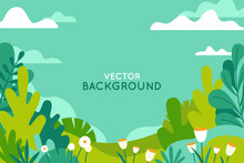 Vector Illustration In Trendy Flat Simple Style - Spring And Summer Background With Copy Space For Text - Landscape