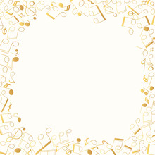 Musical Note And Clef Golden Frame. Music Gold Border. Orchestra Foil Background. Vector Isolated Element.