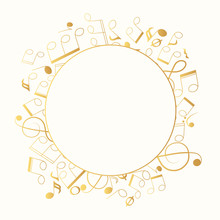 Hand Drawn Musical Note And Clef Golden Frame. Music Border. Orchestra Background. Vector Isolated Element.