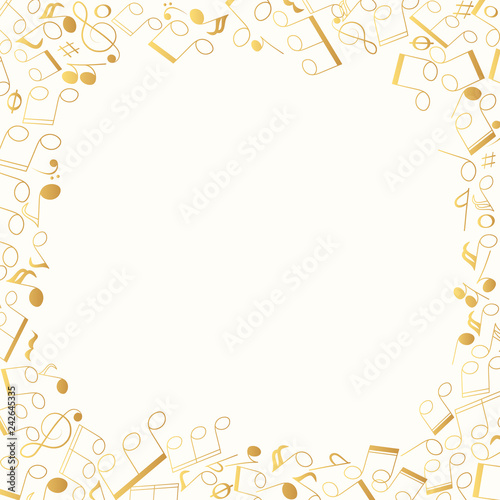 Musical note and clef golden frame. Music gold border. Orchestra foil
