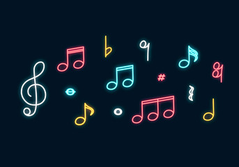 Music notes neon sign. Led Concept for music store with clef. Vector isolated illustration.