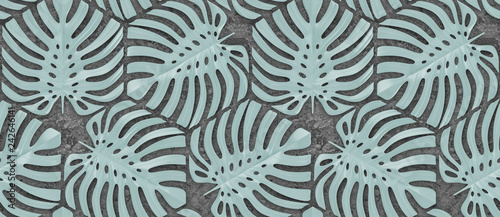 Obraz w ramie 3D Wallpaper of leaves monstera of light green color on gray concrete background. High-quality seamless realistic texture.