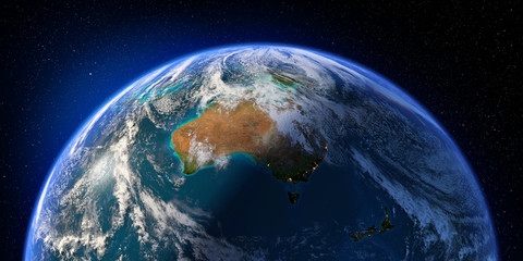 planet earth with detailed relief and atmosphere. day and night. australia and new zealand. 3d rende