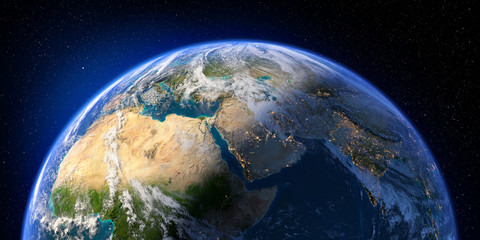 Wall Mural - planet earth with detailed relief and atmosphere. day and night. east africa and middle east. 3d ren
