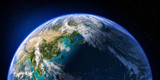 Planet Earth with detailed relief and atmosphere. Day and Night. Pacific Ocean. Japan, China. 3D rendering. Elements of this image furnished by NASA