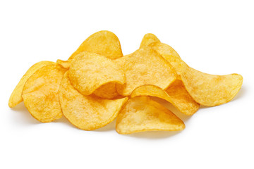 Delicious potato chips, isolated on white background