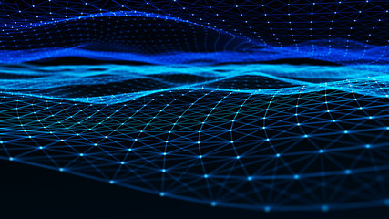 Poster - Abstract digital background with cybernetic particles. Plexus geometric effect Big data with compounds. Musical wave of particles. Low poly mesh. Flow. Wave. 3D rendering.