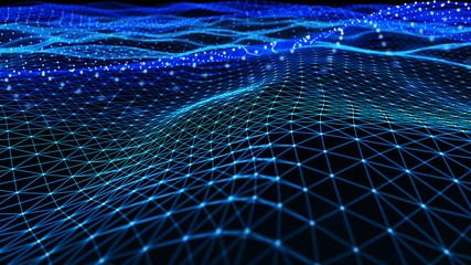 Poster - Abstract digital background with cybernetic particles. Plexus geometric effect Big data with compounds. Musical wave of particles. Low poly mesh. Flow. Wave. 3D rendering.
