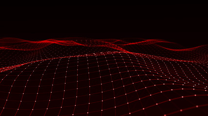 Poster - Abstract digital background with cybernetic particles. Plexus geometric effect Big data with compounds. Musical wave of particles. Low poly mesh. Flow. Wave. 3D rendering.