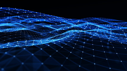 Aufkleber - Abstract digital background with cybernetic particles. Plexus geometric effect Big data with compounds. Musical wave of particles. Low poly mesh. Flow. Wave. 3D rendering.