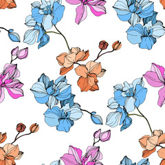 Wall Mural - Vector Pink and blue orchid flower. Engraved ink art. Seamless background pattern. Fabric wallpaper print texture.