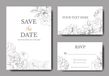 Vector Silver Peony Flower. Engraved Ink Art. Wedding Background. Thank You, Rsvp, Invitation Elegant Card Set.