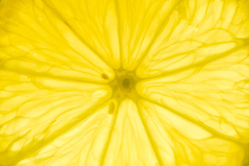 Fresh lemon slice detail backlit close-up view