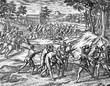 conquest of the Inca empire by Spanish conquistador Francisco Pizarro in XVI century: Spanish soldiers hang survivor aborigines after village destruction