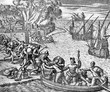 conquest of the Inca empire by Spanish conquistador Francisco Pizarro in XVI century:  Spanish soldiers move their loot on board to the ships