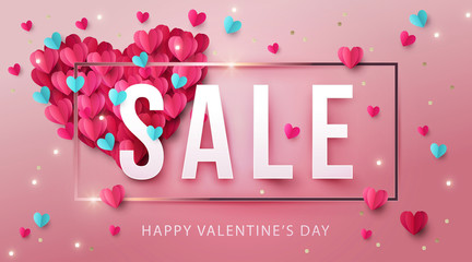 Happy Valentine's Day Sale background, banner, poster or flyer design with pink and blue origami hearts and gold glitter. Paper art, digital craft style. Vector illustration