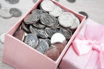 Wall Mural - open pink gift box with russian ruble coins