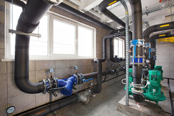 Wall Mural - interior of industrial, gas boiler room with boilers; pumps; sensors and a variety of pipelines