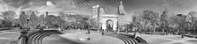 NEW YORK CITY - DECEMBER 6TH, 2018: Panoramic View Of Tourists Along Washington Square Park. The City Attracts 50 Million Tourists Annually
