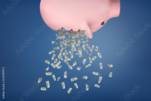 Cuadros en Lienzo 3d rendering of a piggy bank upside down with dollar bills falling out on a blue background