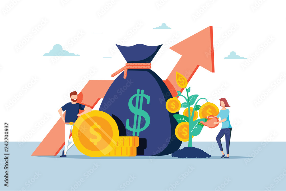 Investment Financial Business People Increasing Capital and Profits. Wealth and Savings with Characters. Earnings Money - obrazy, fototapety, plakaty 