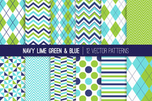Navy, Lime Green And Aqua Blue Seamless Vector Patterns. Argyle, Chevron, Polka Dots, Herringbone, Stripes And Windmill Prints For Baby Boy Theme Decor. Repeating Pattern Swatches Included.