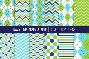 Navy, Lime Green and Aqua Blue Seamless Vector Patterns. Argyle, Chevron, Polka Dots, Herringbone, Stripes and Windmill Prints for Baby Boy Theme Decor. Repeating Pattern Swatches Included.