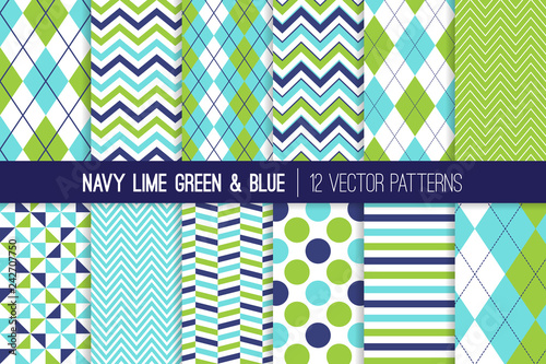 Navy Lime Green And Aqua Blue Seamless Vector Patterns