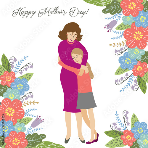 Happy Mothers Day Daughter Hugs Mom Surrounded By Flowers And Text On A White Background Vector Stock Vector Adobe Stock