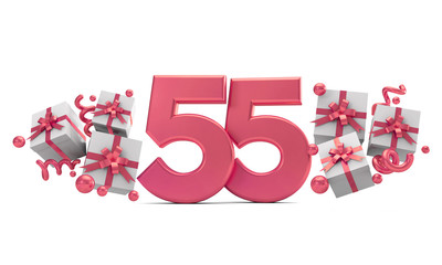 Number 55 pink birthday celebration number with gift boxes. 3D Rendering