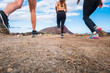 © simona - Ground point of view for three girls runner for jogging exercise running outdoor in the nature - fitness healthy lifestyle for young people enjoying the workout for wellness