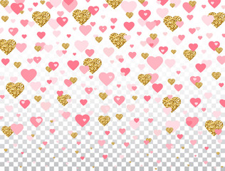 Wall Mural - Pink and gold glitter heart confetti on transparent background. Bright falling heart with star dust. Romantic design elements for wedding invitation, Valentines Day cards. Vector illustration