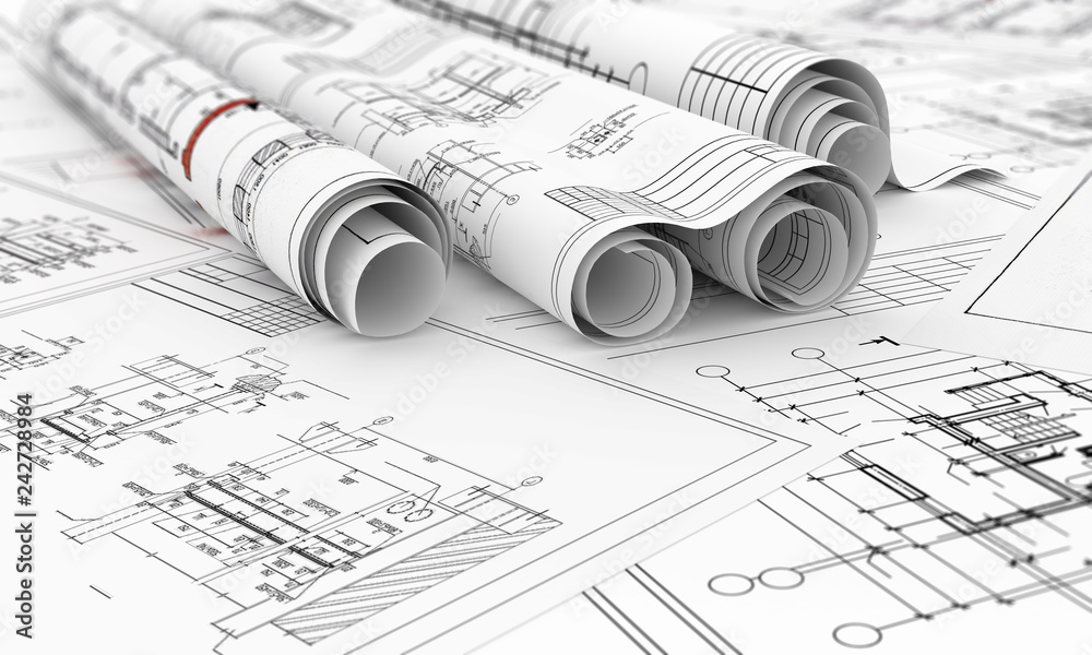 construction blueprints in rolls 3d illustration - obrazy, fototapety, plakaty 