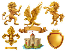 Lion, Horse, Eagle, Lily. Golden Heraldic Elements. 3d Vector Icon Set