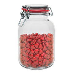 Poster - valentine's day concept. glass jar with red hearts, 3d rendering