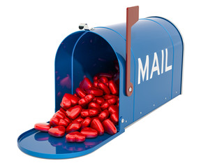 Poster - mailbox with heap of red hearts. valentine cards concept, 3d rendering