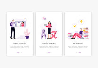 Fototapete - Online education. People working with laptop and watching a video presentation. Set of elements and banners for site or landing page with distance course theme. Vector illustration