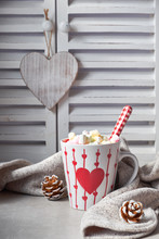 Hot Chocolate With Marshmallows, Red Heart On The Cup On The Table With Winter Decorations