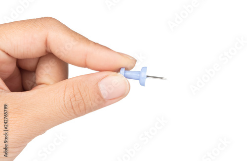 Fotografia, Obraz a push pin on hand isolated on white background.